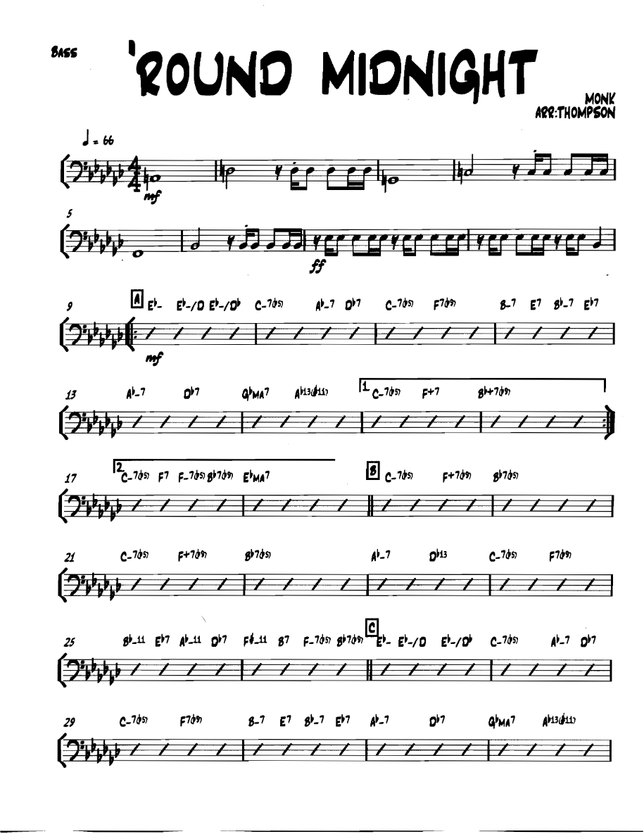 Roundmidnight Bass — Small Ensemble sheet music arranged by THOMPSON | Jazz Standard