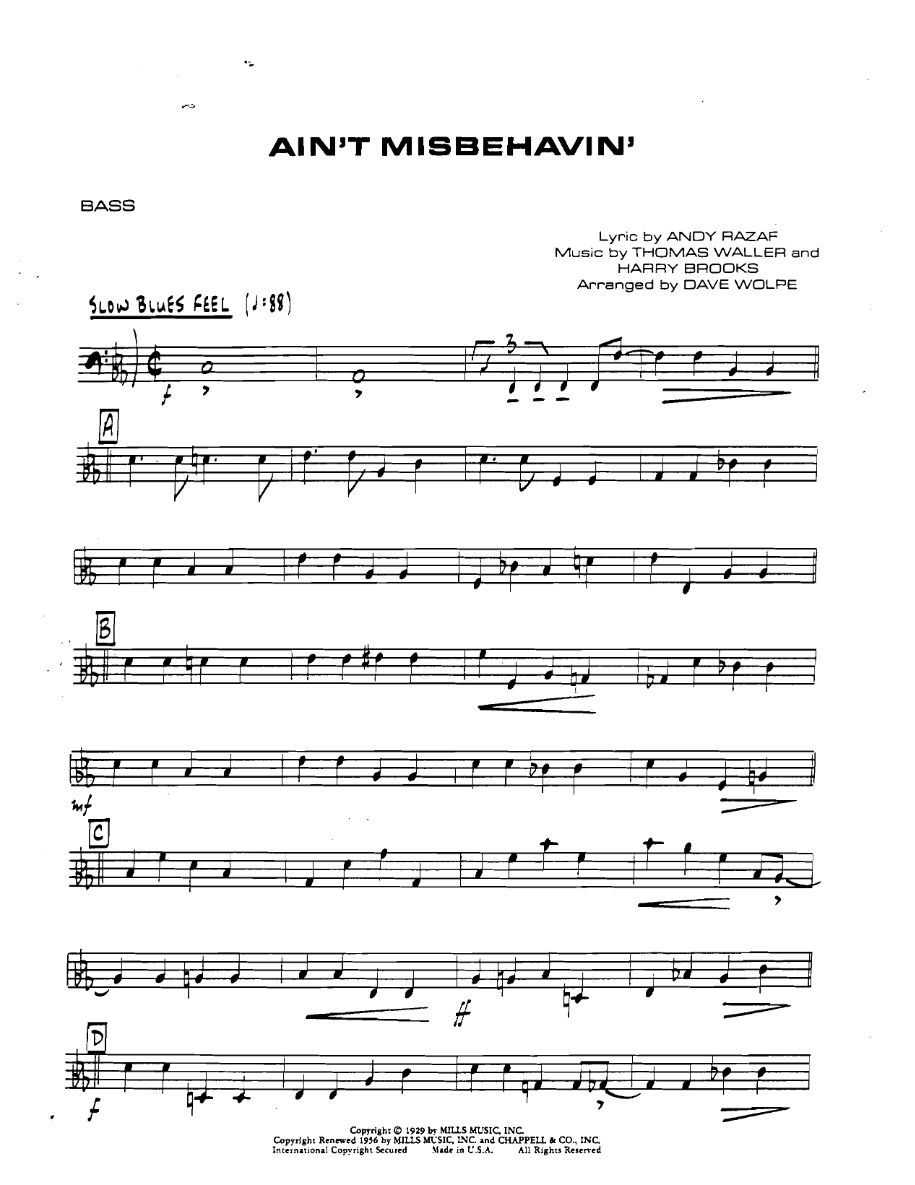 Aintmisbehavin Bass — sheet music cover (first page)