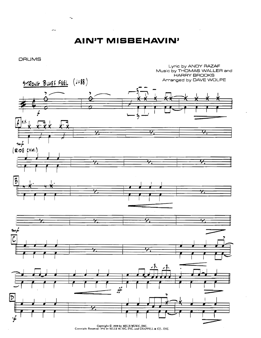 Aintmisbehavin Drums — sheet music cover (first page)