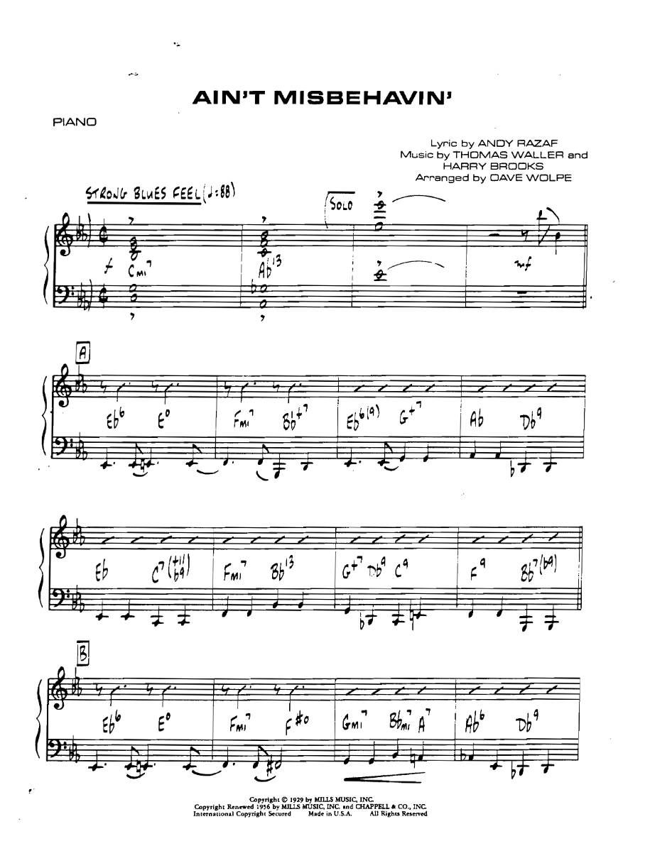 Aintmisbehavin Piano — sheet music cover (first page)