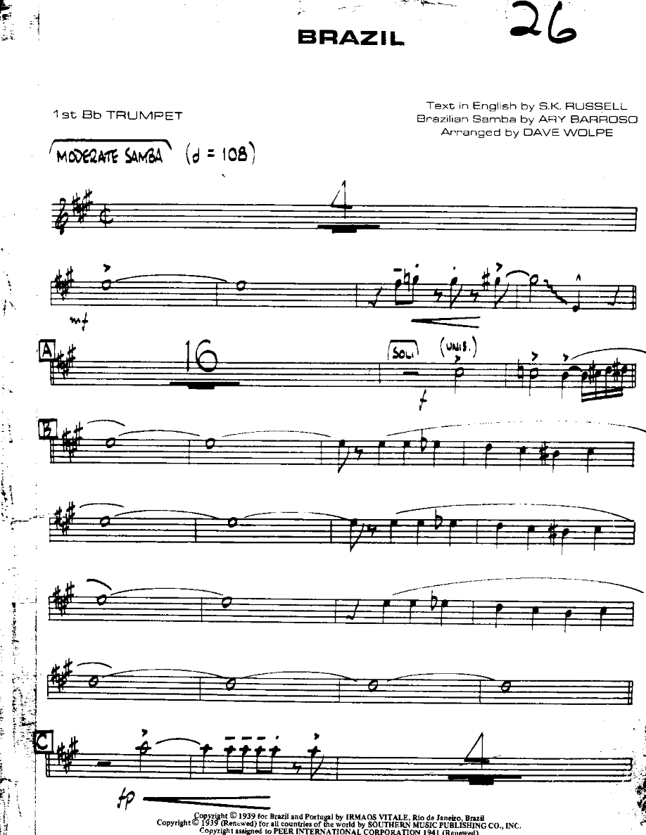 Brazil-Trumpet — Small Ensemble sheet music arranged by DAVE WOLPE | Samba