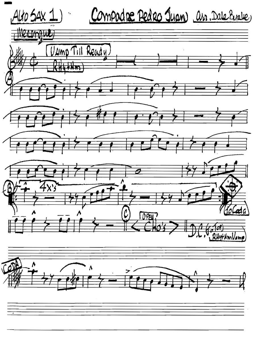 Compadrepedrojuanmerengue Altosax1 — Small Ensemble sheet music by Dale Bunke | Latin Jazz