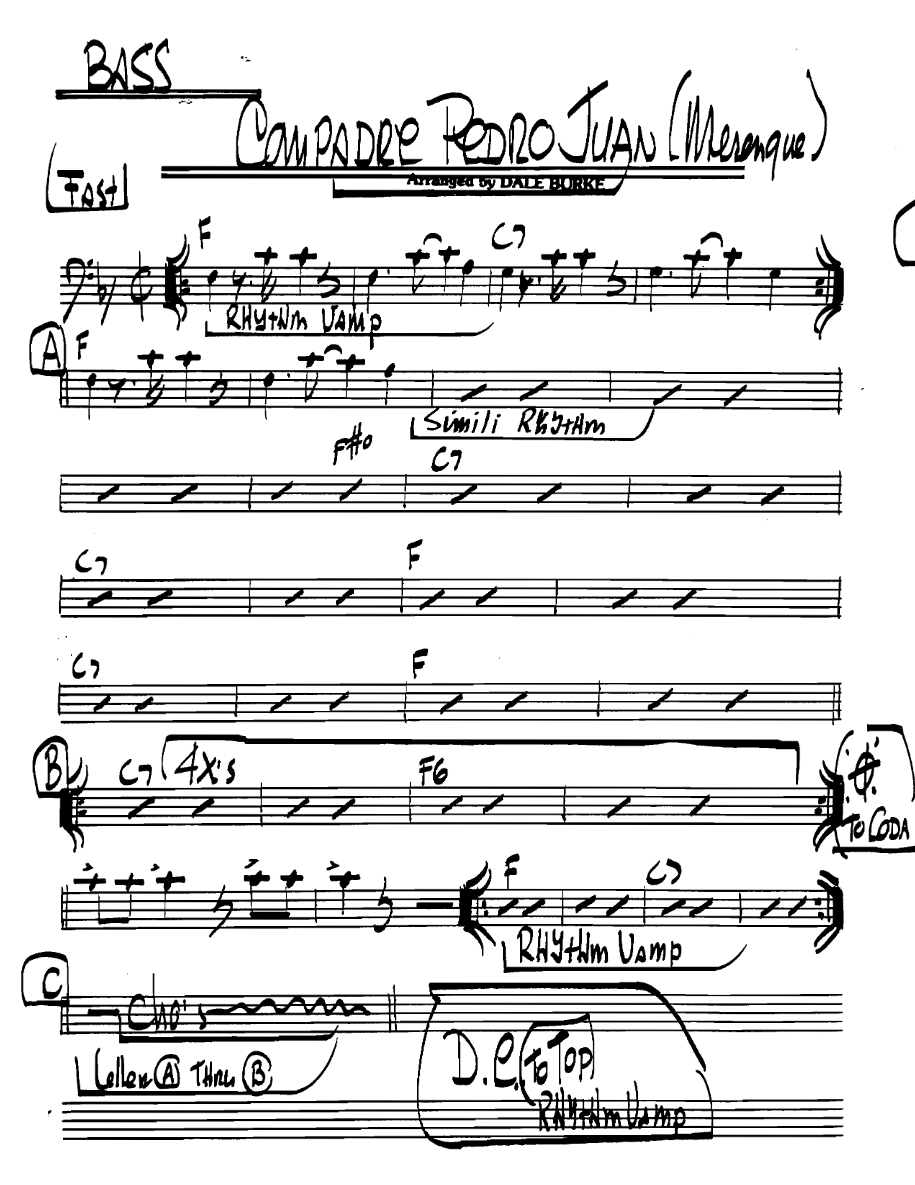 Compadrepedrojuanmerengue Bass — Small Ensemble sheet music arranged by DALE BORKE | Latin Jazz