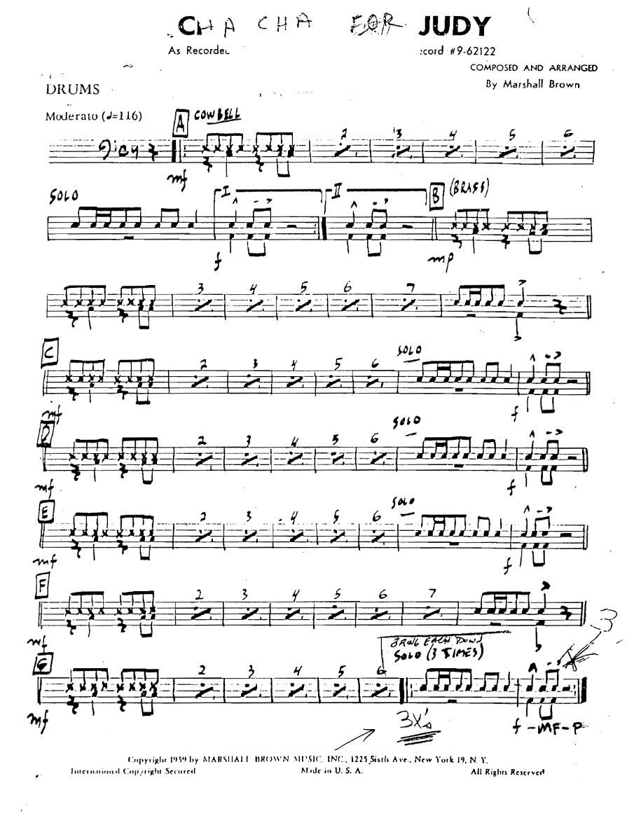 Chachachaforjudy Drums — Small Ensemble sheet music arranged by Marshall Brown | Cha-Cha
