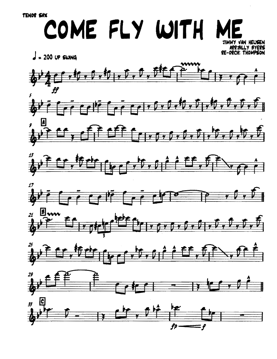 Comeflywithme Tenorsax — sheet music cover (first page)