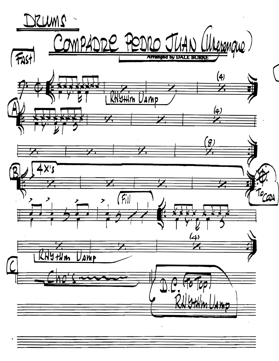 Compadrepedrojuanmerengue Drums — sheet music cover (first page)