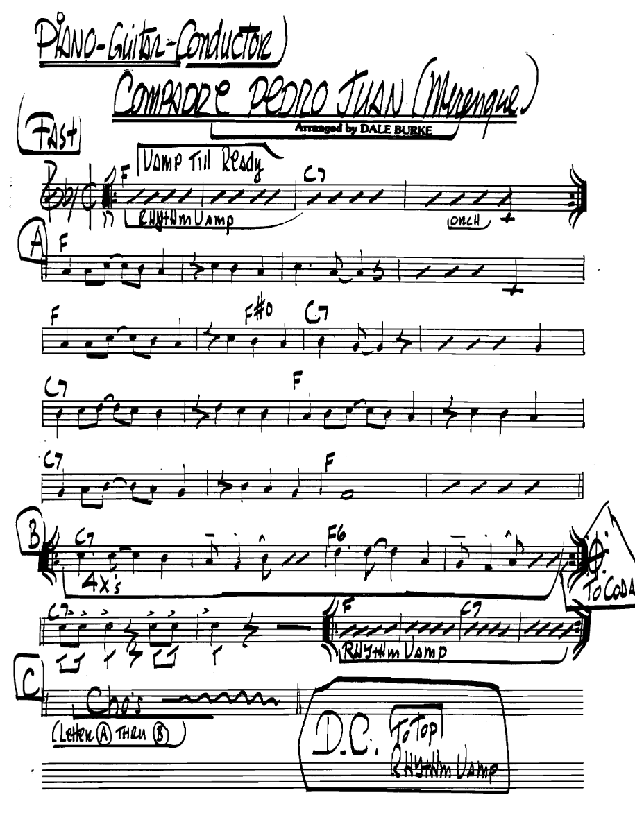 Compadrepedrojuanmerengue Pianoguitarconductor — Kleines Ensemble sheet music by DALE BURKE | Latin Jazz