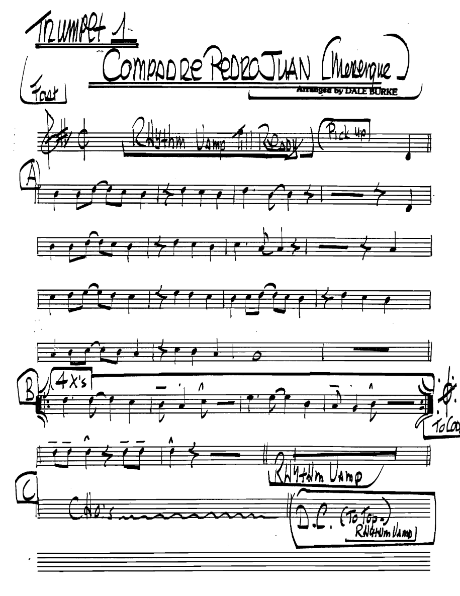 Compadrepedrojuanmerengue Trumpet1 — Kleines Ensemble sheet music by DALE BURKE | Latin Jazz