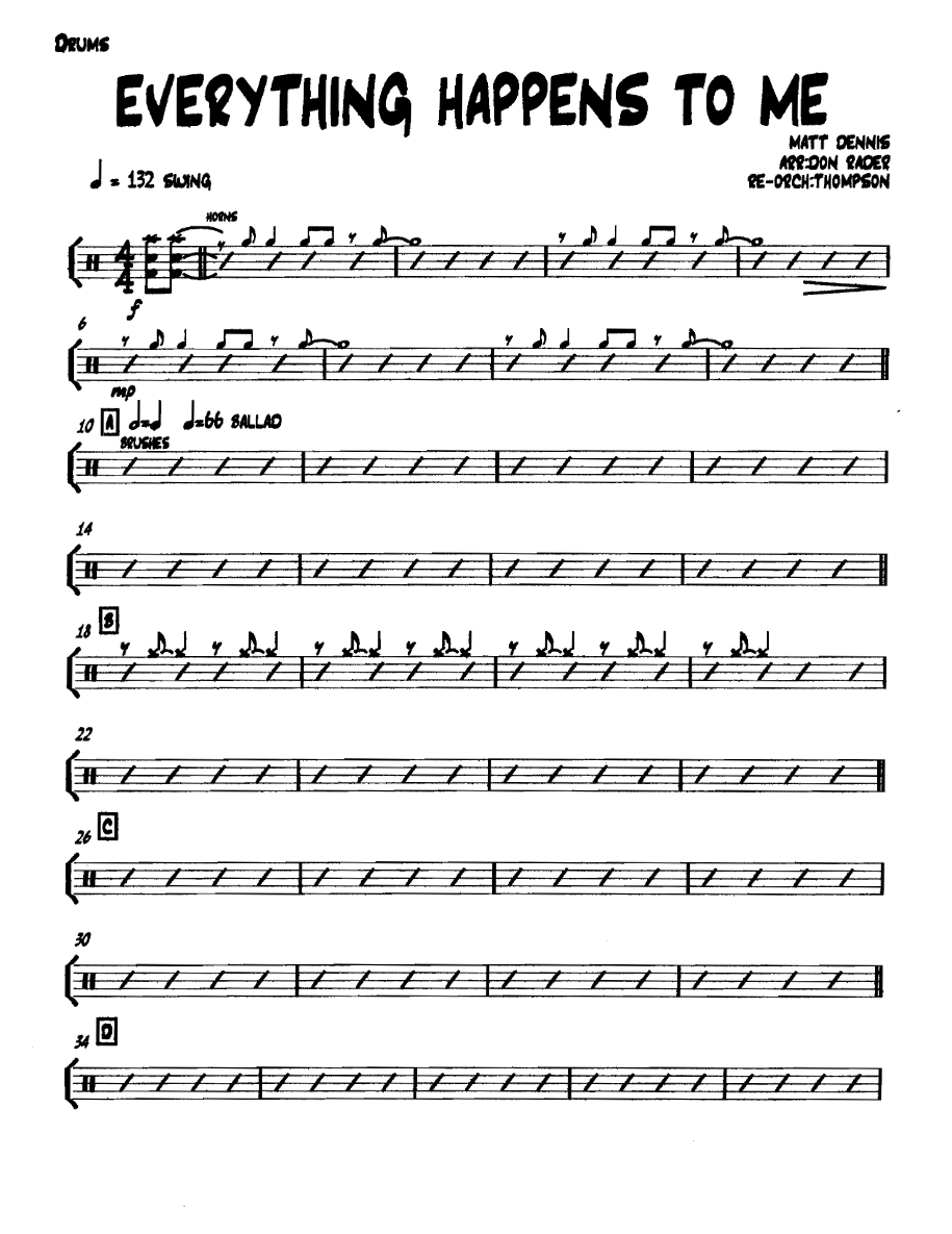 Everythinghappenstome Drums — Small Ensemble sheet music arranged by Don Rader, Thompson | Ballad