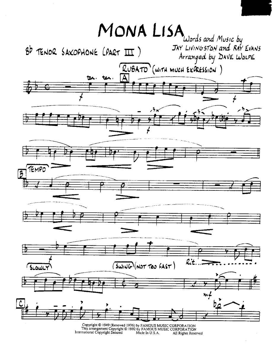 Mona Lisa — sheet music cover (first page)