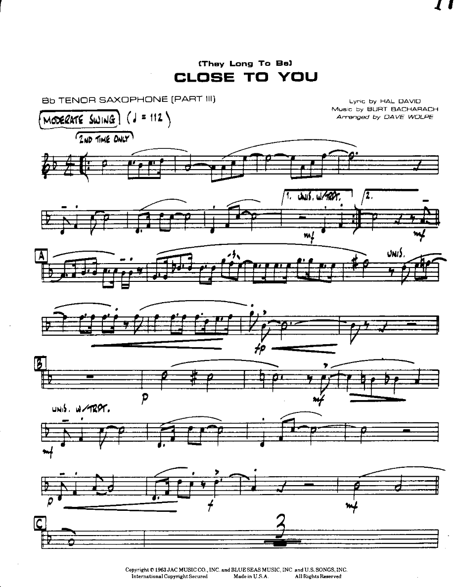 (They Long To Be) CLOSE TO YOU — sheet music preview