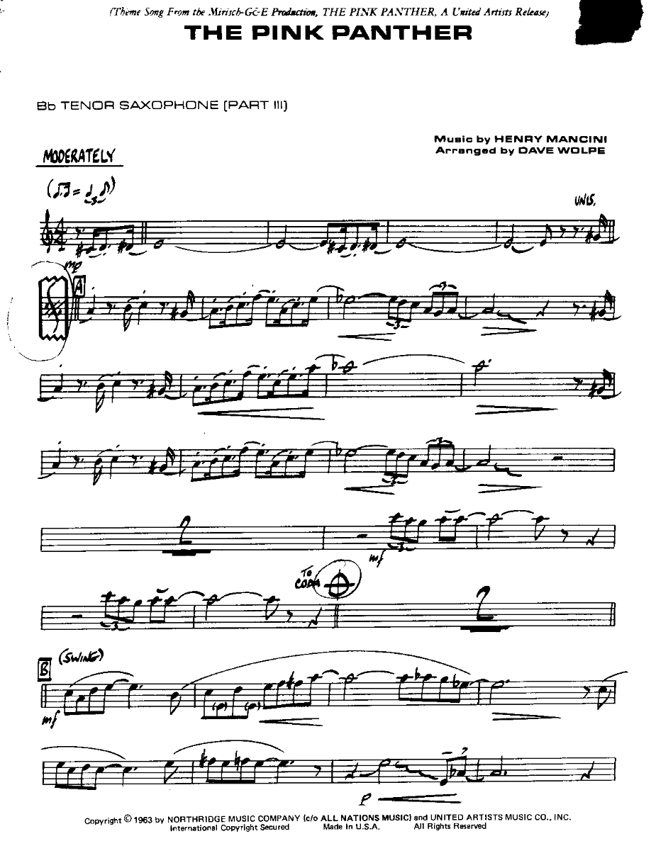 The Pink Panther — Small Ensemble sheet music arranged by DAVE WOLPE | Film Music