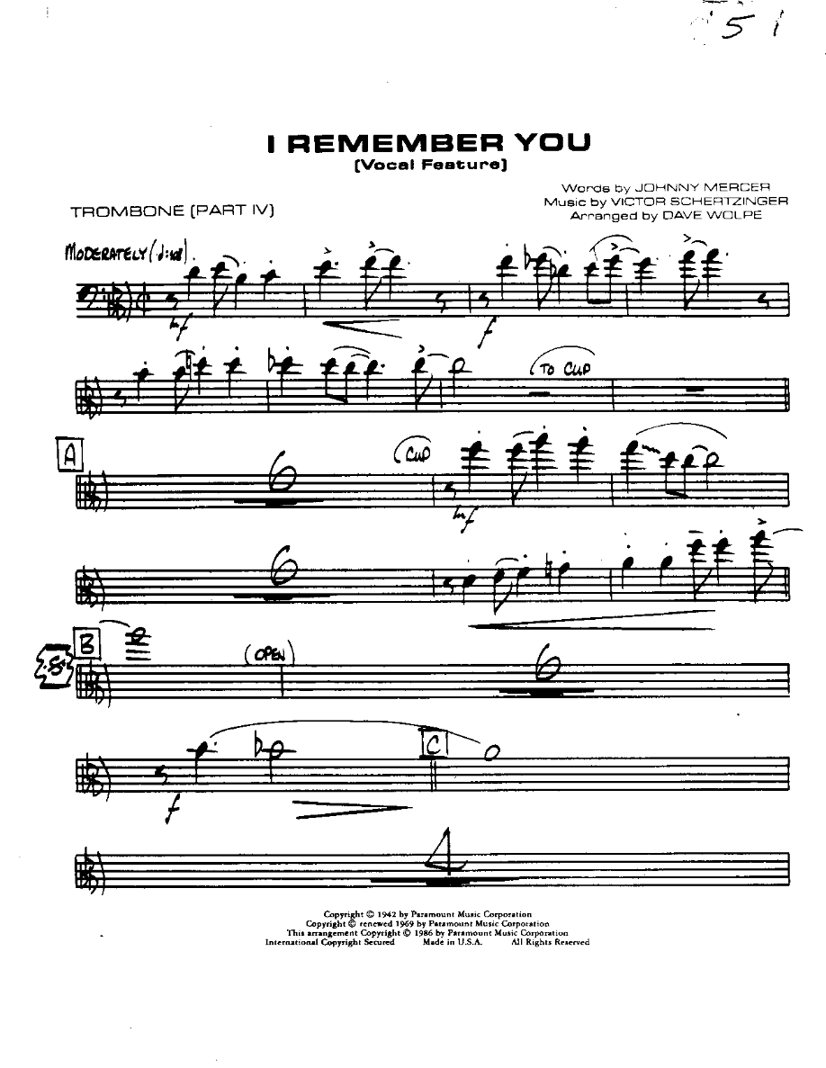 I Remember You-Trombone — Small Ensemble sheet music arranged by DAVE WOLPE | Jazz Standard