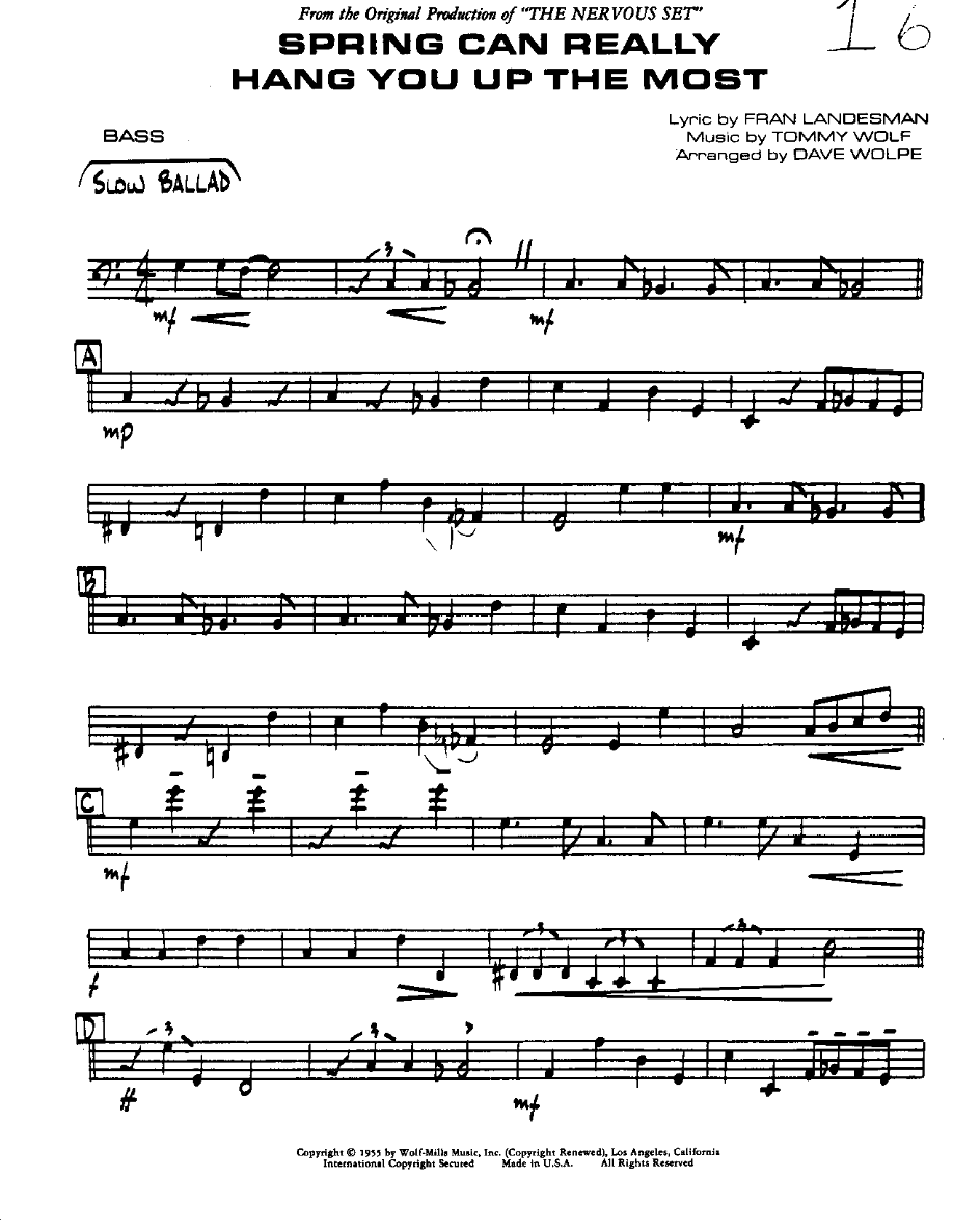 Spring can really Hang you-Bass — Small Ensemble sheet music arranged by DAVE WOLPE | Jazz Standard